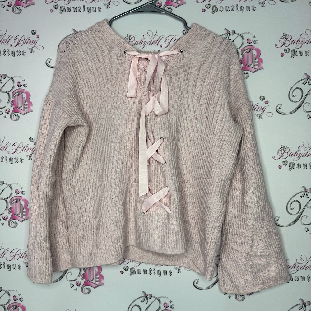Sweater lace up ribbon 🎀 bow knit crochet pink bell bottom sleeves warm cozy
